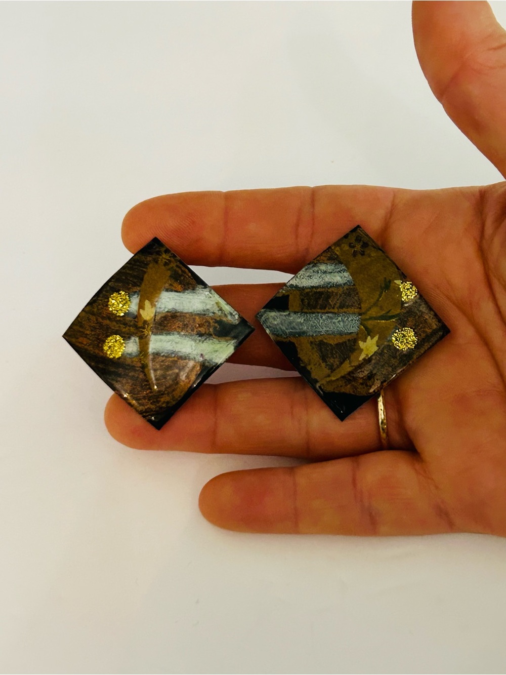 Vintage Circa 1980's Handmade Paper Diamond Shaped Earrings w/ Gold Leaf Accents